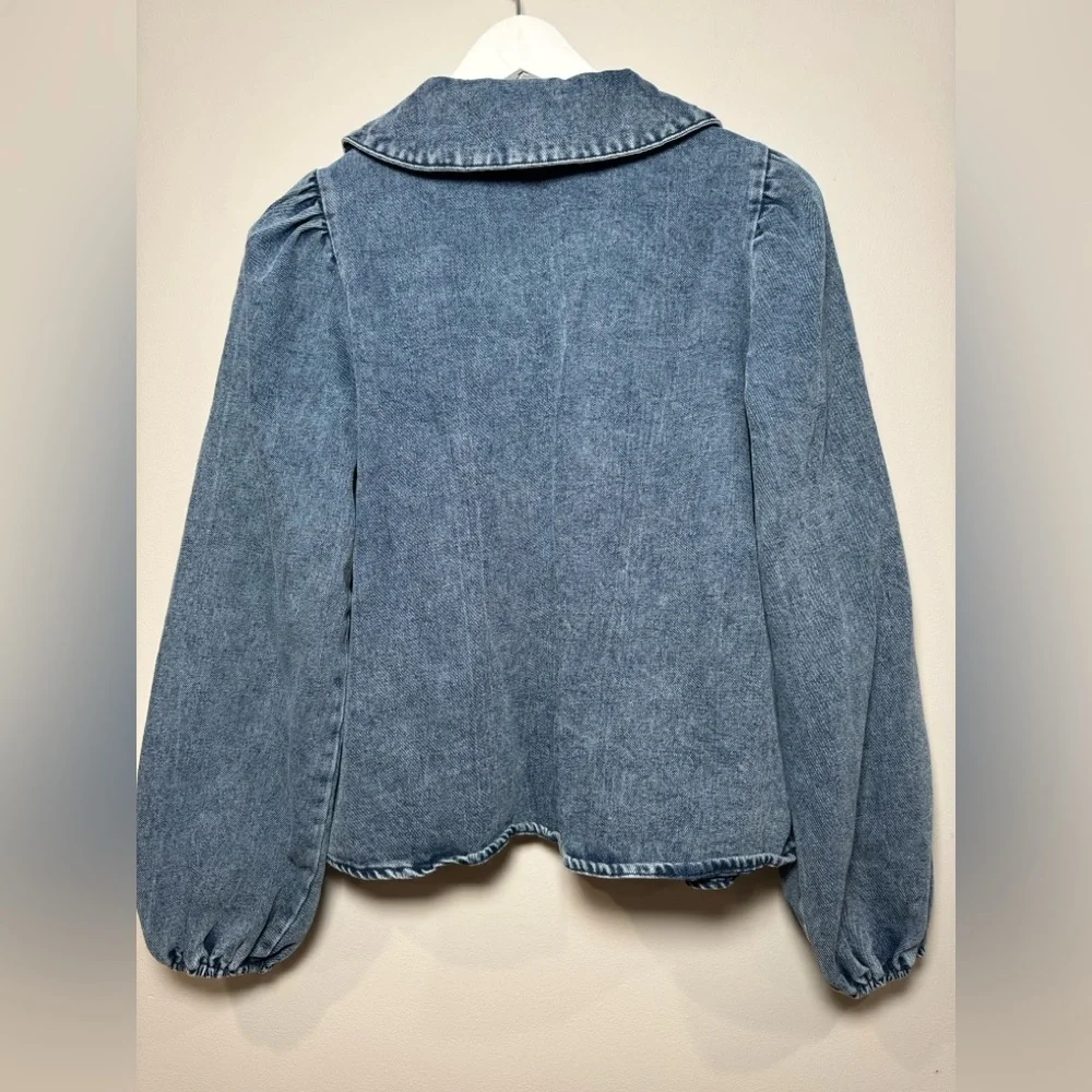 Alter'd State Denim Puff Sleeve Blouse Peter Pan Collar Size Small - Picture 7 of 8